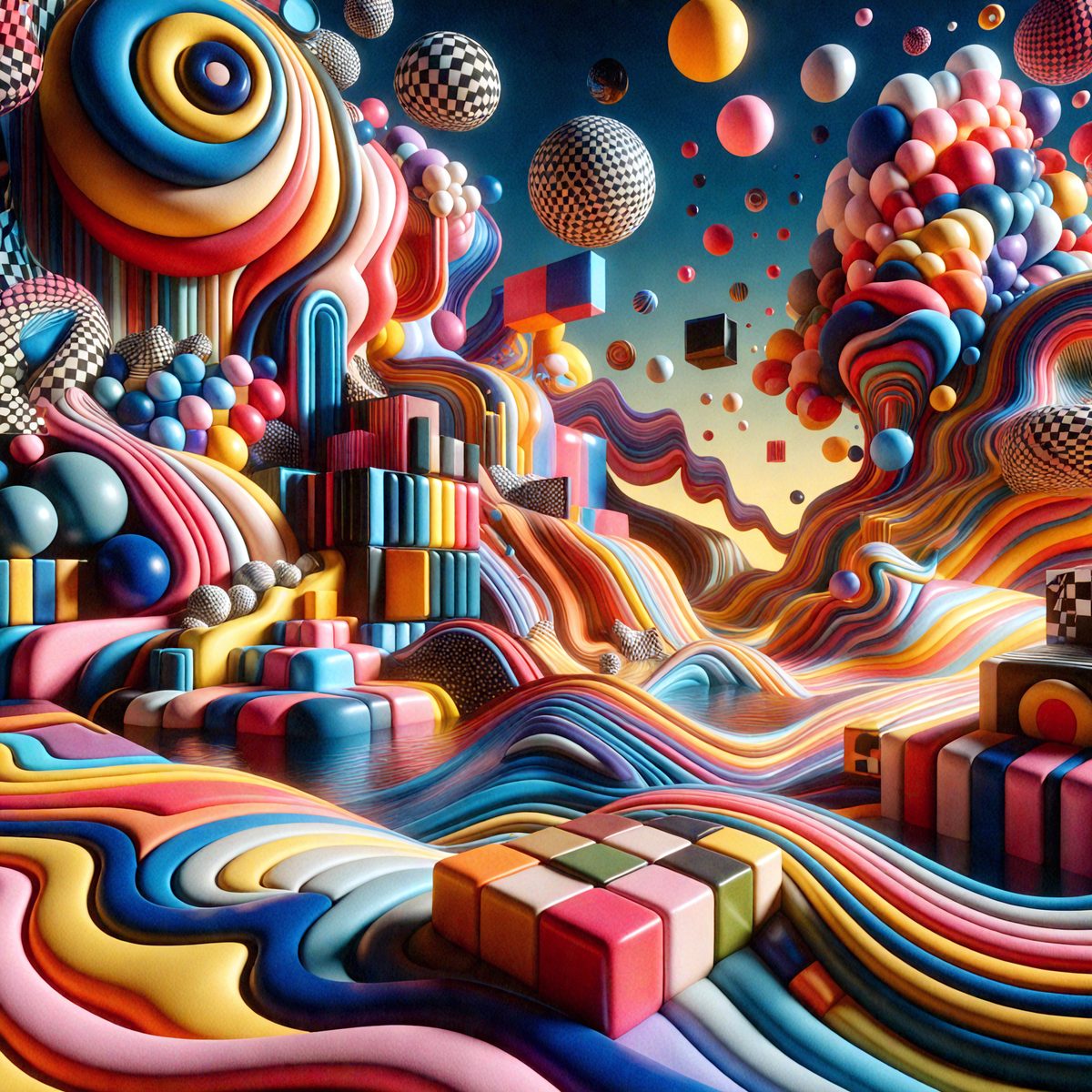 The primary subject of the image is a vibrant and colorful painting featuring a variety of shapes, colors, and patterns. The setting is a surreal and imaginative landscape, with a mix of geometric shapes, balloons, and other decorative elements. The visual style is a combination of digital art and illustration, creating a unique and captivating artwork. The dominant colors and overall atmosphere are lively, energetic, and full of creativity, making the painting an eye-catching and memorable piece
